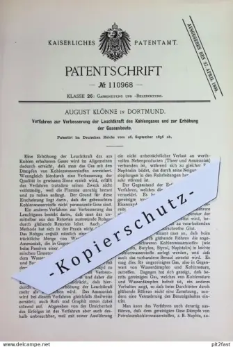 original Patent - August Klönne , Dortmund | 1896 | Verbesserung der Leuchtkraft von Kohlengas | Gas Gase , Beleuchtung