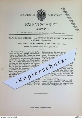 original Patent - Lars Johan Eriksson , Edvard Ernst Rupert Nordling , Upsala , Schweden | 1886 | Labconserve | Konserve