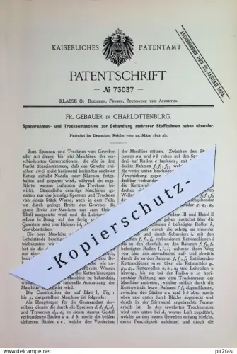 original Patent - Fr. Gebauer , Berlin / Charlottenburg | 1893 | Spannrahmen- u. Trockenmaschine für Stoffbahnen | Stoff