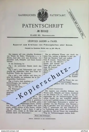 original Patent - Léopold Jardin , Paris , Frankreich | 1884 | Erhitzen von Flüssigkeiten oder Gasen | Gas | Wäscherei