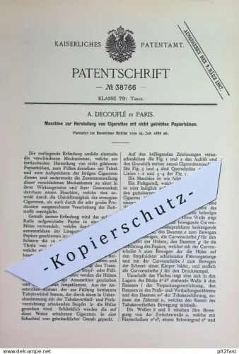 original Patent - A. Decouflé , Paris , Frankreich | 1886 | Herstellung von Zigaretten | Papierhülsen , Zigarette !!