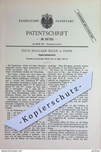 original Patent - Felix Edouard Bilon , Paris , Frankreich | 1886 | Papiersackmaschine | Papier - Sackmaschine | Tüten