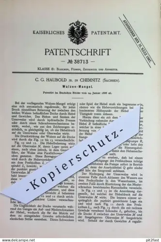 original Patent - C. G. Haubold , Chemnitz , Sachsen | 1886 | Walzen - Mangel | Wäschemangel , Walzwerk !!