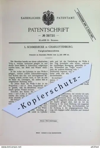 original Patent - L. Schmiedecke , Berlin / Charlottenburg | 1886 | Teigknetmaschine | Teig - Knetmaschine | Bäckerei !!