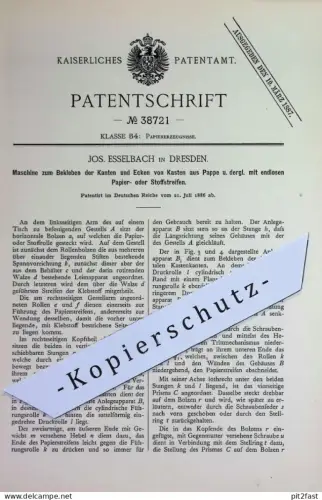 original Patent - Jos. Esselbach , Dresden | 1886 | Bekleben der Kanten u. Ecken von Kasten aus Pappe | Karton , Koffer