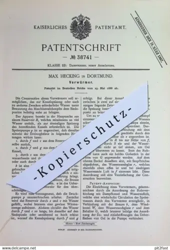 original Patent - Max Hecking , Dortmund | 1886 | Vorwärmer | Dampfkessel | Kessel , Dampfmaschine , Wasserkessel