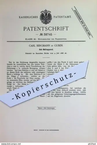 original Patent - Carl Bergmann , Guben | 1886 | Hut - Messapparat | Hüte vermessen | Filzhut , Modist , Hutmacher