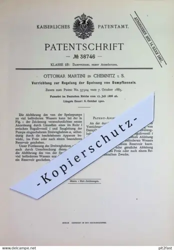 original Patent - Ottomar Martini , Chemnitz | 1886 | Regelung der Speisung der Dampfkessel | Wasserkessel , Kessel