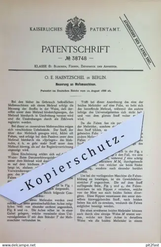 original Patent - O. E. Haentzschel , Berlin | 1886 | Messmaschinen mit Messrad für Stoff | Stoffe vermessen | Schneider