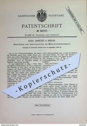 original Patent - Karl Janecke , Berlin | 1886 | Sperrventile an Wasserstandszeiger | Dampfkessel , Ventil , Wasserhahn