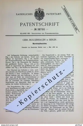 original Patent - Gebrüder Buggenhagen , Berlin | 1886 | Wurststopfmaschine | Wurst - Stopfmaschine | Schlachterei !!