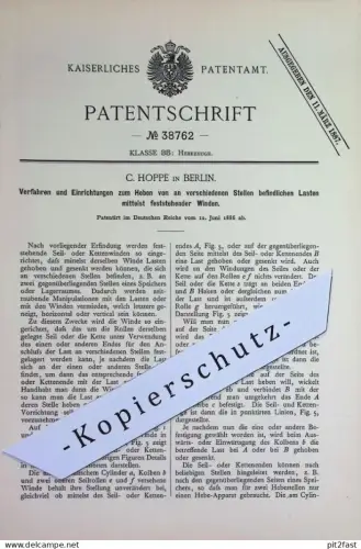 original Patent - C. Hoppe , Berlin | 1886 | Heben von Lasten mittels feststehender Winden | Winde , Seilwinde , Ketten