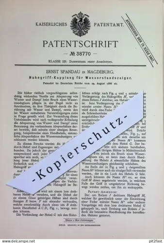 original Patent - Ernst Spandau , Magdeburg | 1886 | Hahngriff - Kupplung für Wasserstandszeiger | Ventil , Dampfkessel