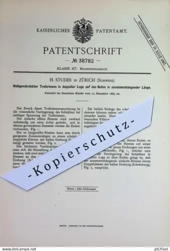 original Patent - H. Studer , Zürich , Schweiz | 1885 | Halbgeschränkter Treibriemen | Riemen , Maschinen , Motor