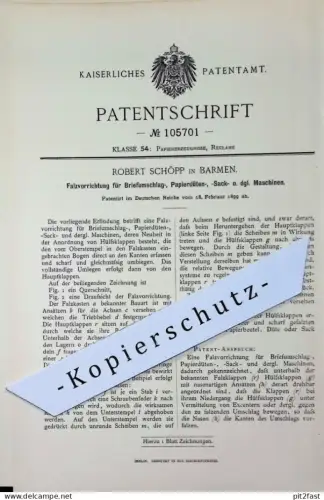 original Patent - Robert Schöpp , Barmen | 1899 | Falzvorrichtung an Maschinen f. Papier - Tüten , Briefumschlag , Säcke