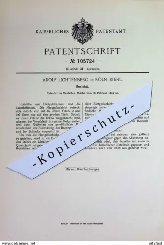 original Patent - Adolf Lichtenberg , Köln / Riehl | 1899 | Roststab | Rost - Stab | Gusseisen , Eisenguss | Gießerei