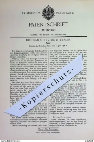 original Patent - Bogdan Gisevius , Berlin | 1898 | Feder | Schreibfeder | Schreiben , Stift , Federhalter , Füller !!