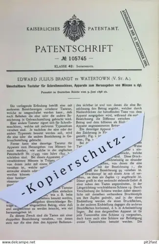 original Patent - Edward Julius Brandt , Watertown , USA | 1898 | Tastatur für Schreibmaschine , Kasse , Registrierkasse