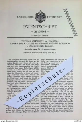 original Patent - Thomas Ashworth , Urmston | Joseph Shaw Gaunt , George A. Robinson Manchester England | Spindelbremse