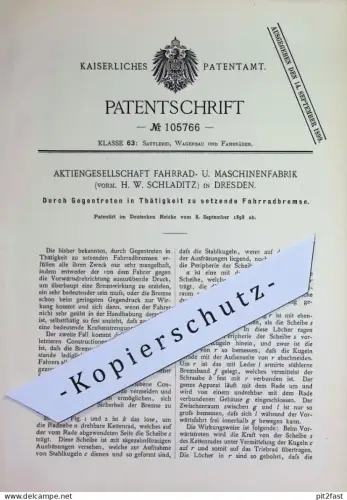 original Patent - AG Fahrrad- u. Maschinenfabrik | H. W. Schladitz , Dresden | 1898 | Fahrradbremse | Fahrrad - Bremse