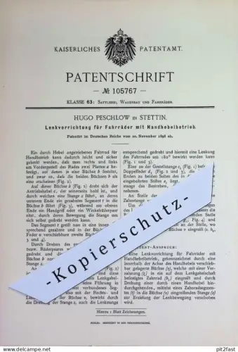 original Patent - Hugo Peschlow , Stettin | 1898 | Lenkung für Fahrräder mit Handhebelbetrieb | Fahrrad - Lenker