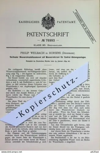 original Patent - Philip Weilbach , Horsens , Dänemark | 1894 | Wasserkessel mit Wasserrohrrost für Zentralheizung !
