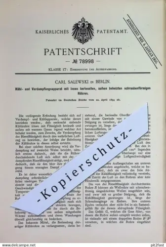 original Patent - Carl Salewski , Berlin | 1894 | Kühl- u. Verdampfungsapparat | Kühlung , Kühlen , Eisbereitung , Gase