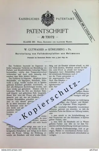 original Patent - W. Gutwasser , Königsberg / Preussen | 1893 | Fußbodenplatte aus Holzmasse | Holz - Parkett , Fußboden