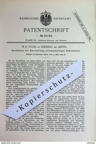 original Patent - M. B. Vogel , Leipzig / Lindenau | 1884 | Darstellung antimonhaltiger Substanzen | Chemie , Zucker