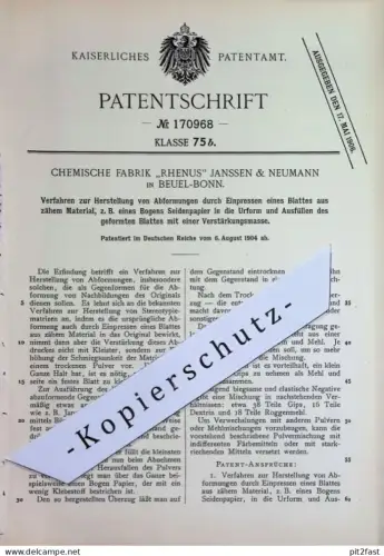 original Patent - Chemische Fabrik Rhenus Janssen & Neumann , Bonn Beuel | 1904 | Herst. von Abformungen , Form , Formen