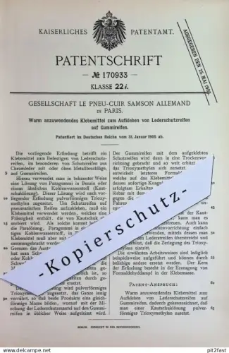 original Patent - Ges. le Pneu Cuir Samson Allemand , Paris Frankreich 1905 | Kleber für Lederschutzreifen & Gummireifen