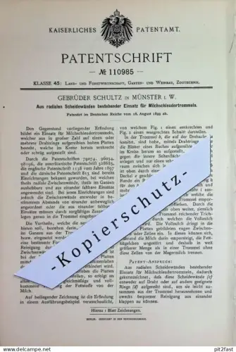 original Patent - Gebrüder Schultz , Münster | 1899 | Einsatz für Milchschleudertrommeln | Milchschleuder | Schleuder !!