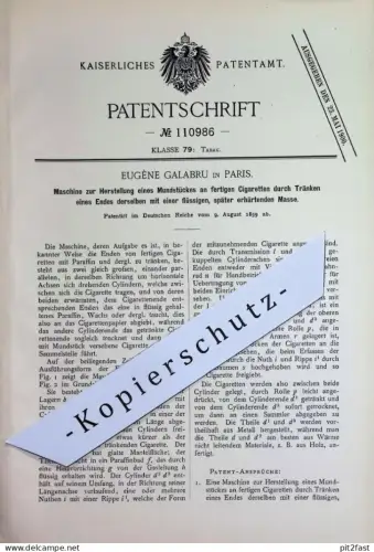 original Patent - Eugéne Galabru , Paris , Frankreich | 1899 | Mundstück an Zigaretten | Zigarette , Zigarren , Tabak !!