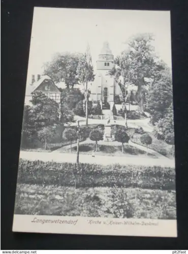 Gruss aus Langwetzendorf b. Greiz , ca. 1910 , Kirche und Kaiser Wilhelm Denkmal , alte Ansichtskarte , AK , CPA !