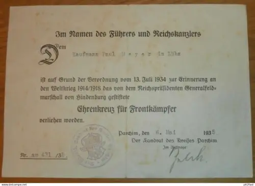 Parchim 1935 - Ehrenkreuz für Frontkämpfer , Paul Meyer in Lübz , Urkunde , Mecklenburg !!