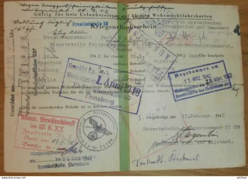 Ausweis mit vielen Stempeln , 1942 , Kommandant , Marine , Flensburg , Rostock , Mecklenburg !!