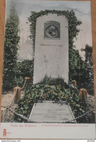 Schill Denkmal auf dem Knieper Kirchhof in Stralsund , ca. 1920 , Mecklenburg , alte Ansichtskarte , AK !!