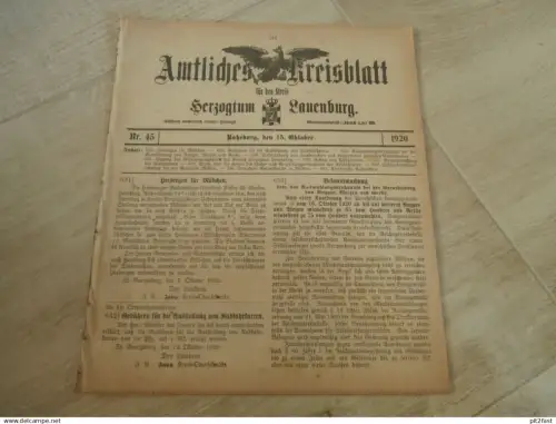 Herzogtum Lauenburg / Ratzeburg , 15.10.1920, Kreisblatt ,  Sirksfelde , Wohltorf , Witzeeze , Dalldorf , Kittlitz !!
