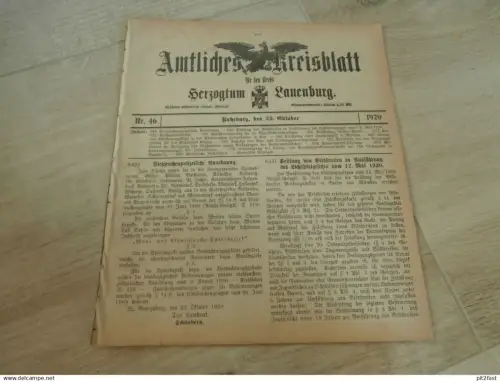 Herzogtum Lauenburg / Ratzeburg , 22.10.1920, Kreisblatt ,  Sirksfelde , Wohltorf , Witzeeze , Dalldorf , Kittlitz !!