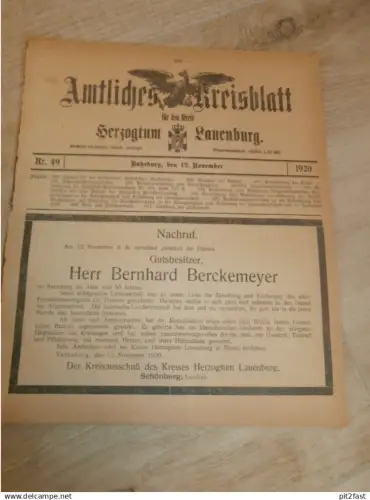Herzogtum Lauenburg / Ratzeburg , 12.11.1920, Kreisblatt , Schönberg , Rodewyk