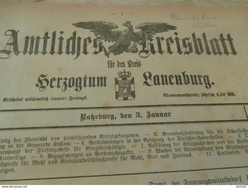 Herzogthum Lauenburg / Ratzeburg , 3.1.1920 , Kreisblatt , Duvensee , Lassahn , Mustin , Büchen , Seedorf-Sterley , Bart
