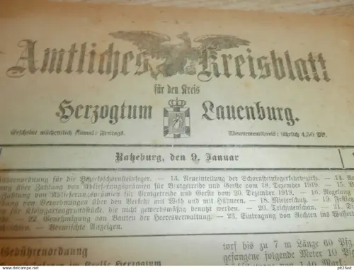 Herzogthum Lauenburg / Ratzeburg , 9.1.1920 , Kreisblatt , mit Anzeigen Steinhorst , Bliestorf , Duvensee , Sandesneben