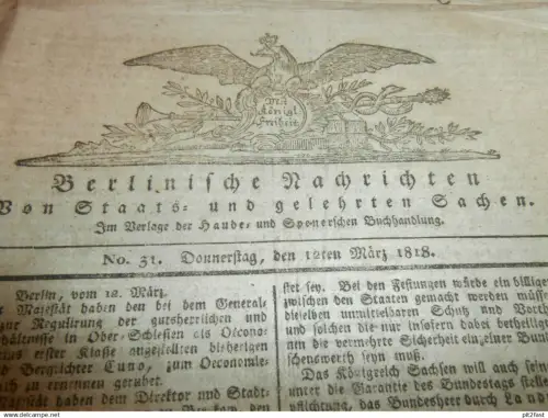 Berlinische Nachrichten , 12.03.1818 , Berlin , Stettin , Anzeigen , Bekanntmachungen , Nachrichten , Auktionen !!!