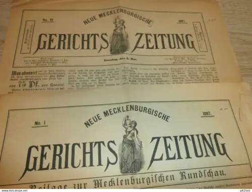 2x Gerichtszeitung Mecklenburg , 1887 , Erstauflage Nr.1 und 19 , Güstrow , Schwerin , Gericht , Neustrelitz , Stargard