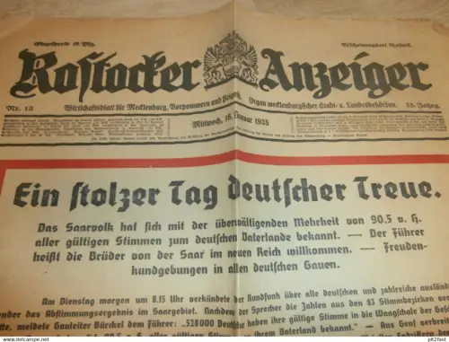Anzeiger Rostock , 16.01.1935 , Ein stolzer Tag Deutscher Treue , Freiheit der Saar , Reklame / Werbung , Mecklenburg