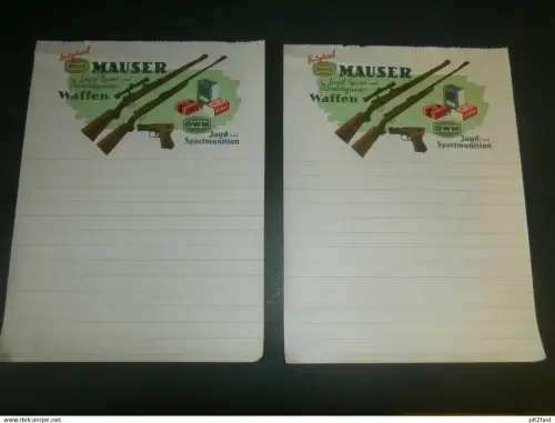2x blanko Briefpapier mit Mauser Briefkopf , Waffe , Gewehr , Pistole , Munition !!!