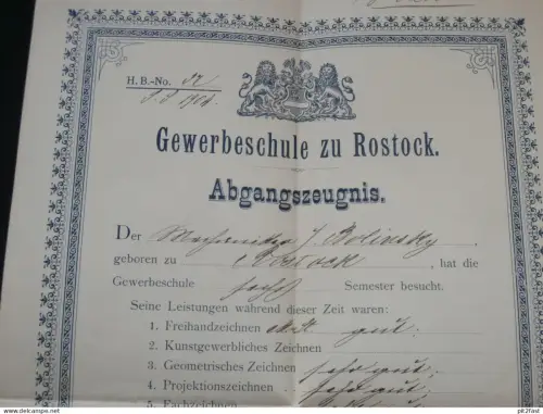 Gewerbeschule zu Rostock in Mecklenburg , 1904 , J. Bolinsky , Zeugnis , Schule !!!