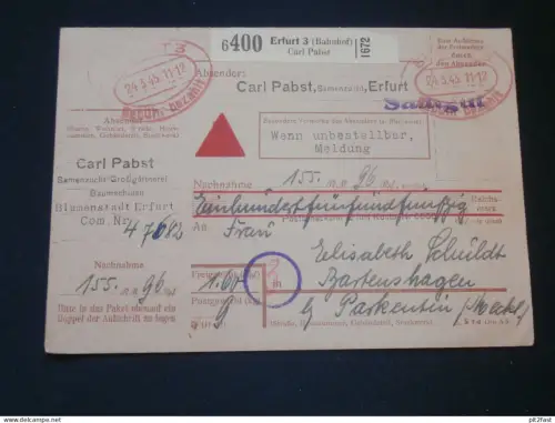 Samenzucht - Carl Pabst in Erfurt , März 1945 , E. Schuldt in Bartenshagen b. Parkentin in Mecklenburg !!