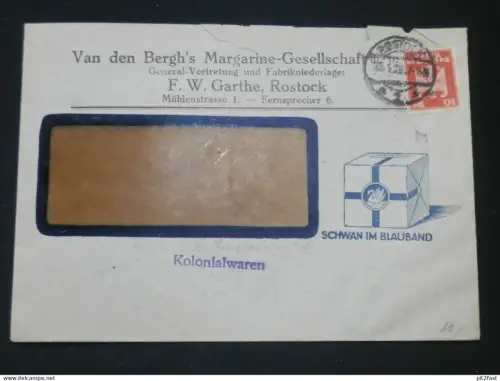 Van den Bergh`s Margarine - F.W. Garthe in Rostock  in Mecklenburg , 1928 , Reklame , Werbung , Umschlag !!