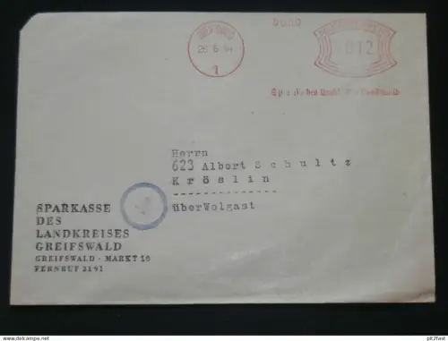 Sparkasse Greifswald in Mecklenburg , 1944 , Albert Schultz in Kröslin über Wolgast , Sparkasse , Bank , Umschlag !!